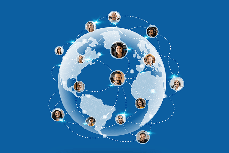 Connected world with people on a globe.