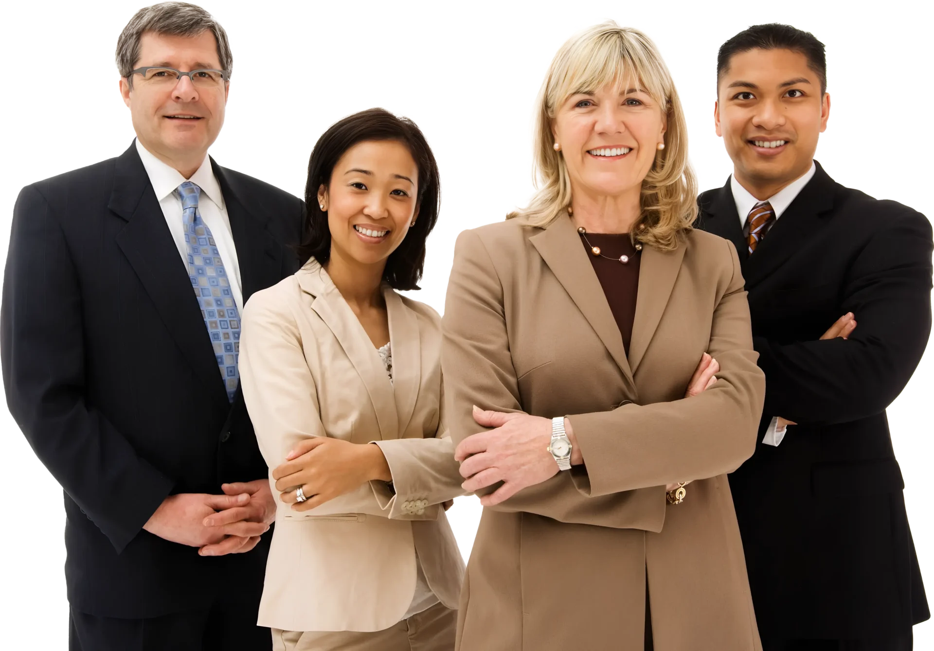 Four professionals smiling, wearing business attire.